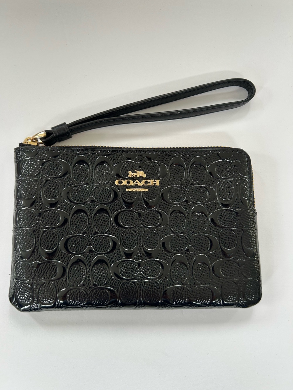 Coach Black Patent Signature Wristlet with Gold Logo